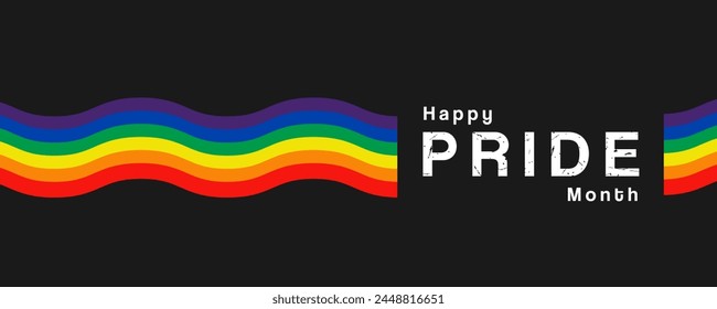 Banner design for pride month. LGBT community. Wavy rainbow flag on a dark background. Happy Pride Month inscription. For banner, banner or web