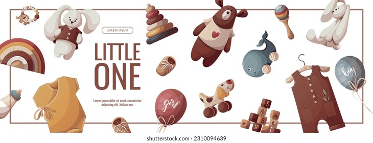 Banner design with push toys, pyramid,  teddy bear, plush bunnies, baby clothes. Children's toys, kid's shop, playing, childhood, baby care concept. Vector illustration for sale, banner, flyer.