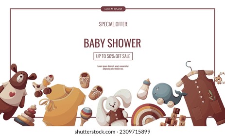 Banner design with push toys, teddy bear, plush bunnies, baby clothes. Children's toys, kid's shop, playing, childhood, baby showerconcept. Vector illustration for sale, banner, flyer.