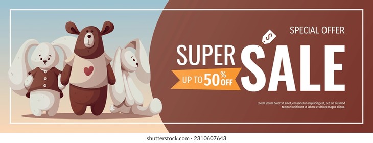 Banner design with push toys, teddy bear, plush bunnies. Children's toys, kid's shop, playing, childhood, baby care concept. Vector illustration for sale, banner, flyer.