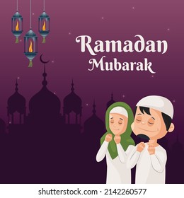 Banner design of Ramadan Mubarak cartoon style template.