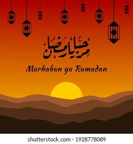 Banner design for Ramadan with sunset or sunrise background. Marhaban ya Ramadhan (English: Welcome Ramadan)