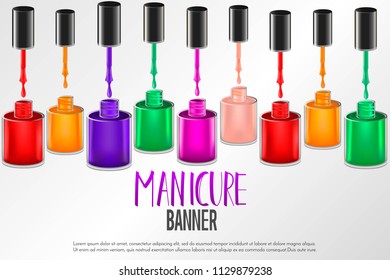 Banner design with realistic manicure nail polish bottles and space for text. Mesh gradient object of colored realistic bottles. Nail care salon label. Vector illustration.
