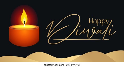 Banner design with realistic oil lamp on black background for Diwali Festival celebration.