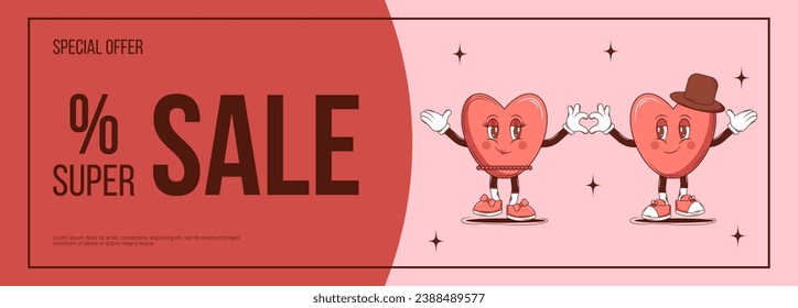 Banner design for Retro Happy Valentines Day with Groovy lovely cartoon characters Heart and elements. Love concept for poster, advertising, invitation, flyer, vaucher, cupon. Vector illustration