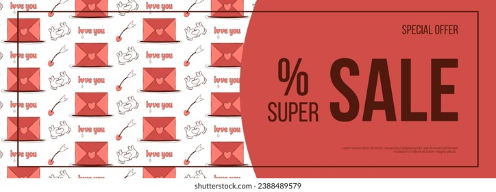 Banner design for Retro Happy Valentines Day with Groovy lovely cartoon characters Heart and elements. Love concept for poster, advertising, invitation, flyer, vaucher, cupon. Vector illustration
