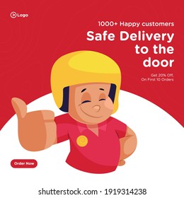 Banner design of safe delivery to the door. Pizza delivery boy showing thumbs up. Vector graphic illustration.