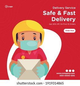 Banner design of safe and fast delivery. Pizza delivery boy wearing face mask and hand gloves while delivering. Vector graphic illustration.