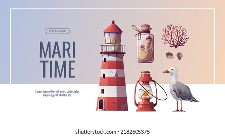 Banner design with Sand bottle, seagull, lighthouse, corals, kerosene lamp. Maritime, sea coast, marine life, nautical concept. Vector illustration. Flyer, cover, banner template.