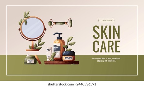Banner design with set of beauty products, cosmetics, mirror, jade roller. Beauty, skin care, body care, cleansing concept. Vector illustration for banner, poster, advertising.