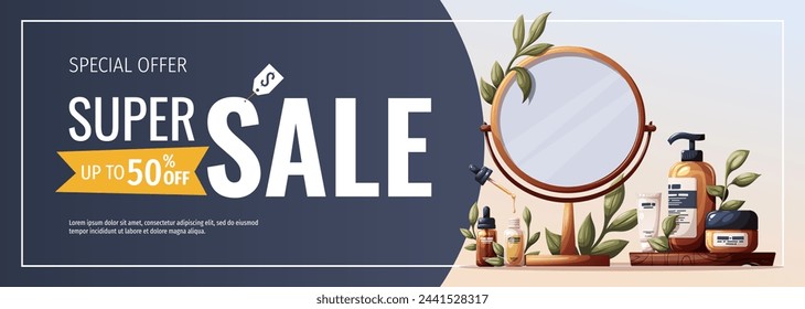 Banner design with set of beauty products, cosmetics, mirror. Beauty, skin care, body care, cleansing concept. Vector illustration for banner, poster, advertising.