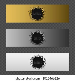 Banner design set. Golden, silver and white banners with hole