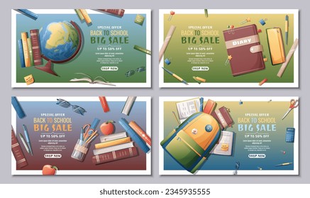 Diseño de pancartas con libros de texto, mochila, globo, libros, papel. Tiempo escolar, de vuelta a la escuela, educación.Concepto de diseño web, página web