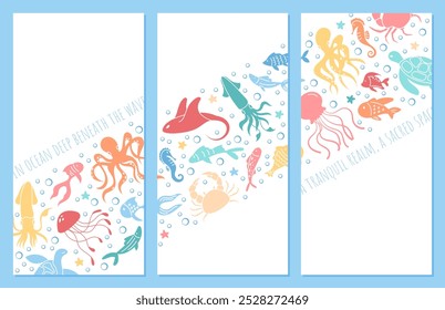 Banner design set with vivid cartoon ocean creatures in a lively underwater scene. Picturesque marine life with colorful sea animals, mesmerizing reef elements, and various aquatic species.