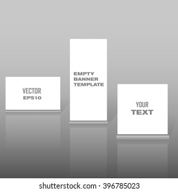 Banner design. Set of white vertical empty banners with shadows and reflections on a gray background. Roll up blank. Stand banners. roll up mock up. Roll up empty template. Vector illustration, eps 10