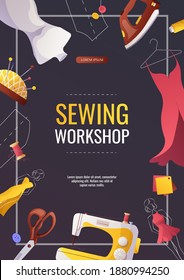 Banner Design With Sewing Items. Sewing Workshop, Fashion Design, Dressmaking, Tailoring Concept. A4 Vector Illustration For Poster, Banner, Advertising, Commercial.