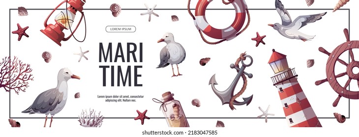 Banner design with Ship's steering wheel, anchor, lifebuoy, sand bottle, corals, starfishes, seashells, lighthouse. Maritime, sea coast, marine life, nautical concept. Vector illustration. 