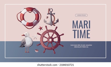 Banner design with Ship's steering wheel, anchor, lifebuoy, starfishes, seashells, seagull. Maritime, sea coast, marine life, nautical concept. Vector illustration.