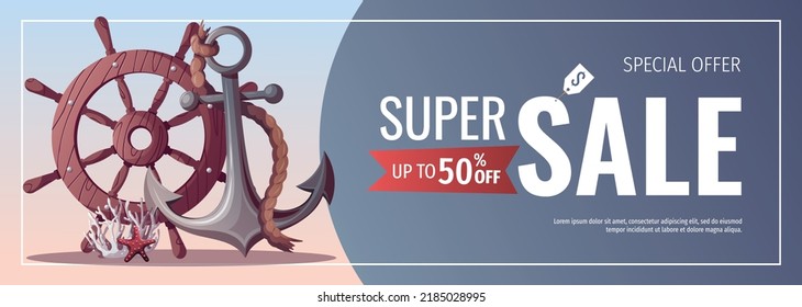 Banner design with Ship's steering wheel, anchor, starfish, coral. Maritime, sea coast, marine life, nautical concept. Vector illustration.