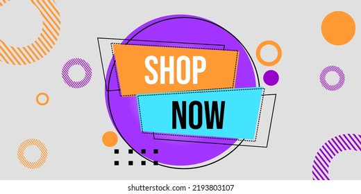 banner design with shop now text. purple memphis style background
