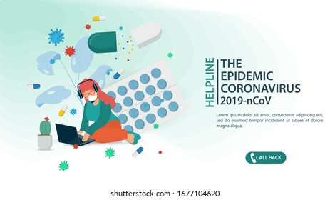 banner design, a small woman calls specialists doctors for advice on the Internet, in the case of the COVID-2019 coronavirus epidemic, flat vector illustration