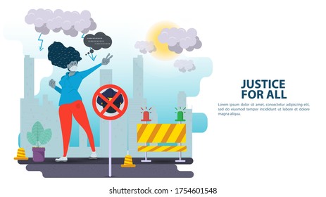 Banner for design, social issues of racism, masked Girl protesting with hand gestures, prohibition sign, inscription, justice for all, flat cartoon illustration