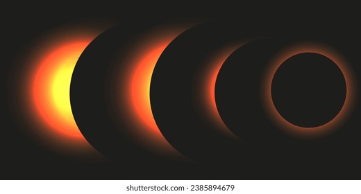 Banner design with Solar Eclipse stages. Solar system. Big Crystal flare on the sun isolated black background. Magnetic storms on the sun. Vector illustration.