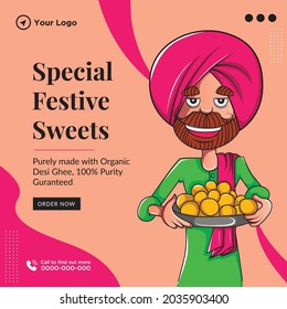 Banner design of special festival sweets cartoon style template. 