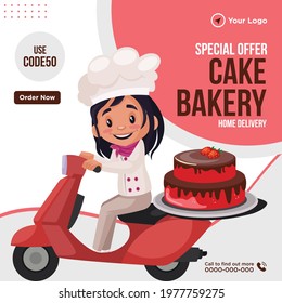 Banner Design Of Special Offer Cake Bakery Home Delivery Cartoon Style Template.