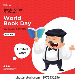 Banner design of special offers on books cartoon style template. Vector graphic illustration.