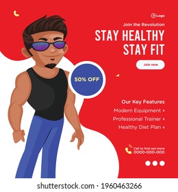 Banner design of stay healthy and stay fit cartoon style template. Vector graphic illustration.