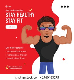Banner design of stay healthy and stay fit cartoon style template. Vector graphic illustration.