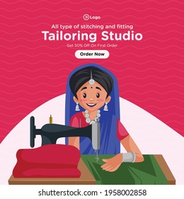 Banner design of stitching and fitting tailoring studio. Vector graphic illustration.