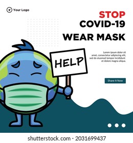 Banner design of stop covid-19 wear mask cartoon style template.