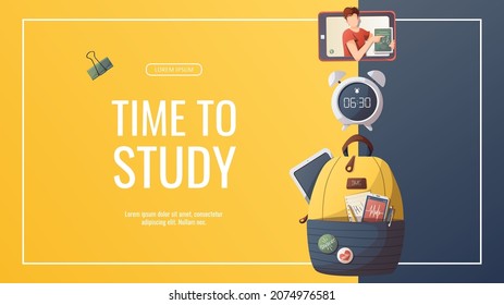 banner design with study supplies for Studying, education, learning, back to school, student, stationery. Vector illustration for poster, banner,  advertising.