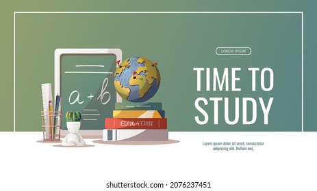 Banner design with study supplies for Studying, education, learning, back to school, student, stationery. Vector illustration for poster, banner, cover, advertising.