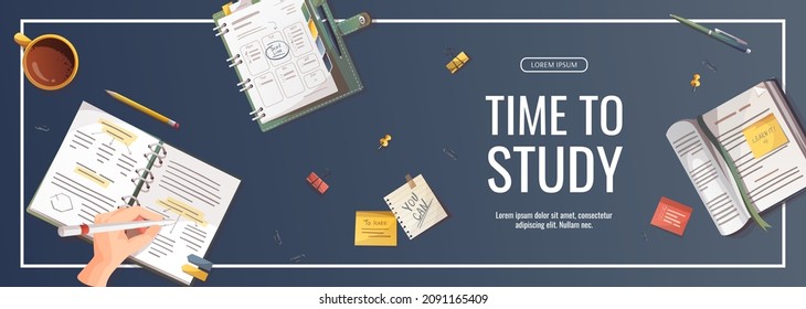 Banner design with study supplies for Studying, education, learning, back to school, student, stationery. Vector illustration for poster, banner, flyer, advertising.