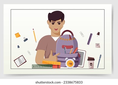 Banner design with study supplies for Studying, education, learning, back to school, student, stationery. Vector illustration for poster, banner, flyer, advertising.