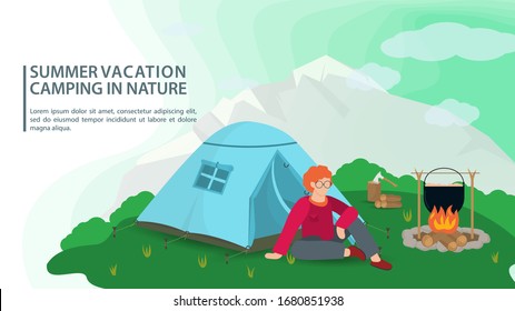 Banner for design, summer camping in nature, a man sitting near a fire, next to a tent against the background of mountains , flat vector illustration