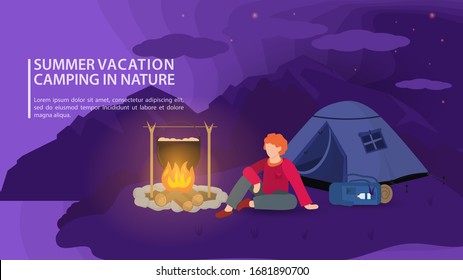 Banner for design, summer camping in nature, a guy sitting near a campfire at night against the background of mountains , flat vector illustration