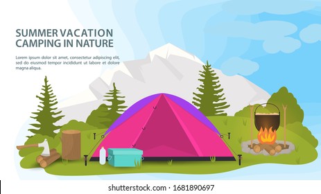Banner, for the design of a summer camping, a tourist tent stands in a clearing in the forest, next to a fire cooking food, against the background of mountains , vector flat illustration