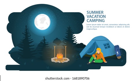 Banner, for the design of summer camping, a tourist tent stands in a clearing in the forest, a person sits and rests next to it, against the background of the night moon sky, vector flat illustration
