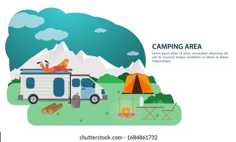 Banner, for the design of a summer camping, a tourist car a house on wheels stands near a fire against the background of mountains, a girl lies on the roof, vector flat illustration