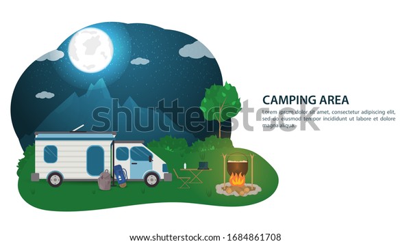 Banner, for the\
design of summer camping, tourist car house on wheels, stands near\
the fire, against the background of night mountains with the moon,\
vector flat\
illustration