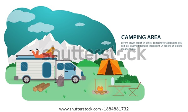 Banner, for the\
design of a summer camping, a tourist car a house on wheels stands\
near a fire against the background of mountains, a girl lies on the\
roof, vector flat\
illustration