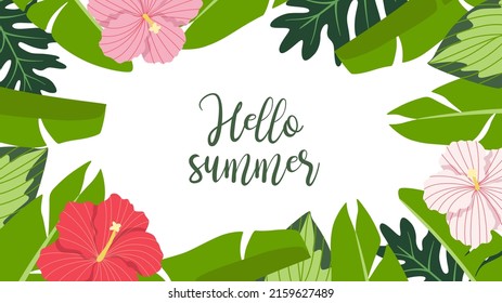 Banner design with summer tropical plants. Monstera, banana leaves, hibiscus and other exotic plants vector illustrtion. Background design for social media, greeting cards, invitations, postcards.