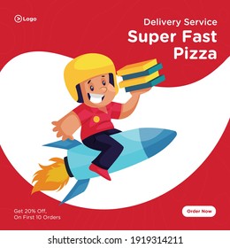 Banner design of super fast pizza. Pizza delivery boy is sitting on the rocket and holding pizza boxes in hand. Vector graphic illustration.