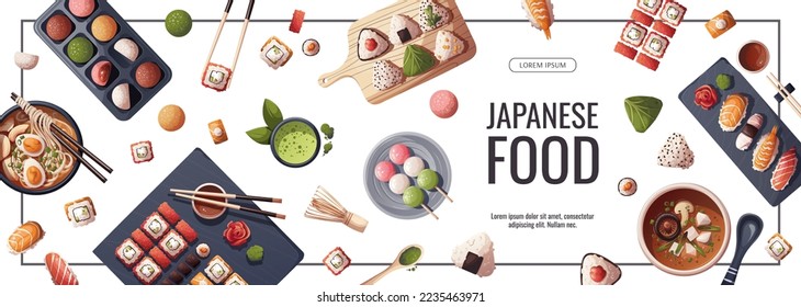 Banner design with Sushi, Miso soup, ramen, onigiri, dango, mochi, matcha tea. Japanese food, healthy eating, cooking, menu concept. Vector illustration. Banner, promo, flyer, advertising.