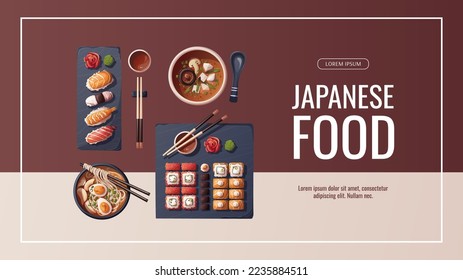 Banner design with Sushi, Miso soup, ramen. Japanese food, healthy eating, cooking, menu concept. Vector illustration. Banner, promo, flyer, advertising.