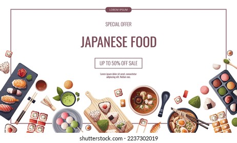 Banner design with Sushi, Miso soup, ramen, onigiri, dango, mochi, matcha tea. Japanese food, healthy eating, cooking, menu concept. Vector illustration. Banner, promo, flyer, advertising.